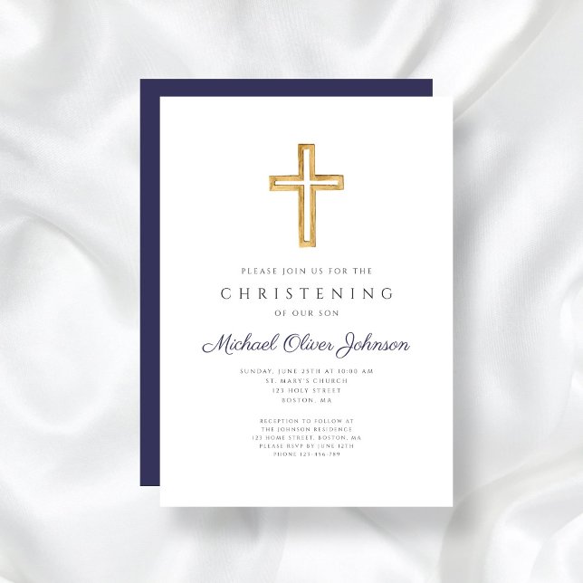 Invitation Marine Blue Wood Cross Religion Garçon Christening (Navy Blue Wood Cross Religious Boy Christening Invitation)
