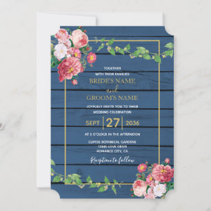 Invitation Marine Blue Wood Vintage rose Roses et Mariage or