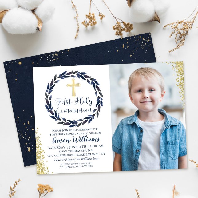Invitation Marine Blue Wreath Gold First Holy Communion Photo (Créateur téléchargé)