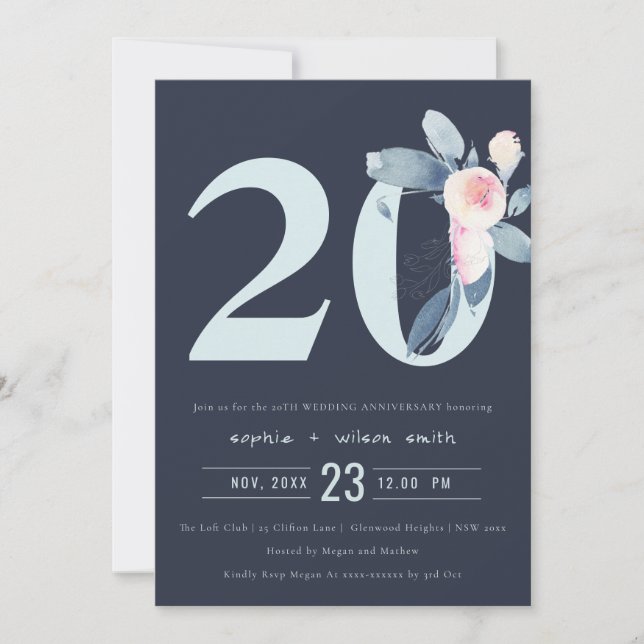 INVITATION MARINE BLUSH BLUE FLORAL 20E TOUTE ANNÉE ANNIVERSA (Devant)