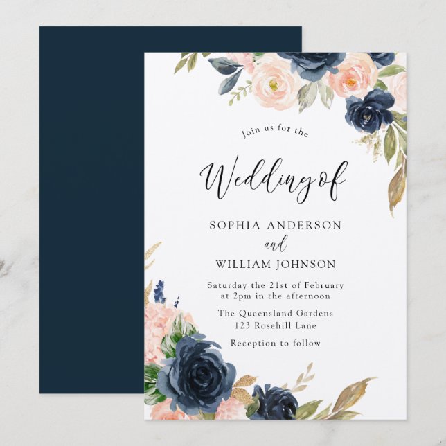 Invitation Marine & Blush Elégance : Beau Mariage Floral (Devant / Derrière)