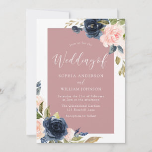 Invitation Marine & Blush Floral Blanc Frontière Élégant Mari