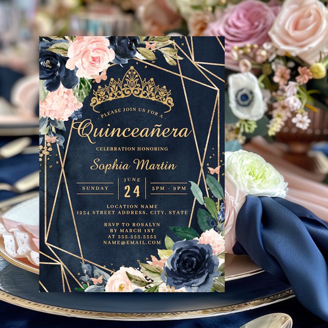 Invitation Marine Blush Floral Butterfly Quinceanera géométri (Créateur téléchargé)