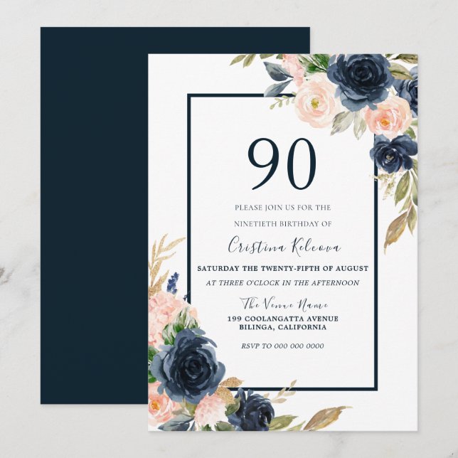 Invitation Marine & Blush Floral Elégant 90e anniversaire fêt (Devant / Derrière)