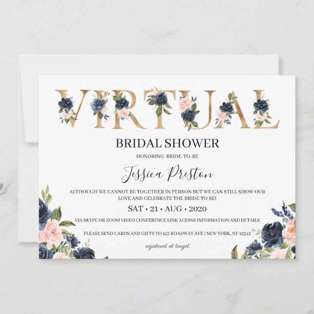 Invitation Marine Blush Floral Fête des mariées virtuelle (Devant)