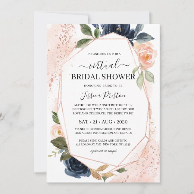Invitation Marine Blush Floral Fête des mariées virtuelle géo (Devant)