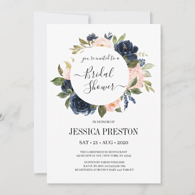 Invitation Marine Blush Floral Greenery Fête des mariées Feui (Devant)