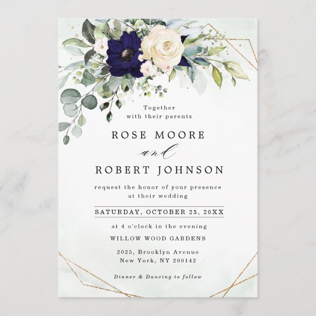 Invitation Marine Blush Floral Greenery Mariage géométrique (Devant)