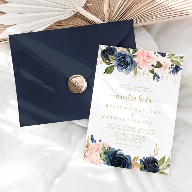 Invitation Marine Blush Floral Or Nuestra Boda Mariage (Créateur téléchargé)