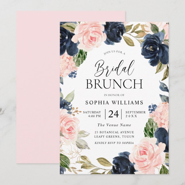 Invitation Marine Blush Floral Wreath Fête des mariées Brunch (Devant / Derrière)