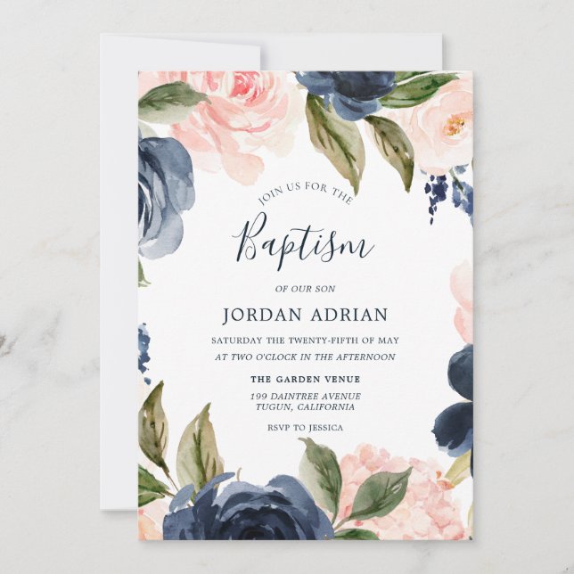 Invitation Marine & Blush Floral Wreath Garçon Ou Filles Bapt (Devant)