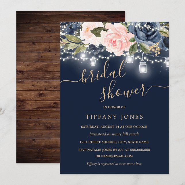 Invitation Marine Blush Gold Floral Rustic Fête des mariées e (Devant / Derrière)