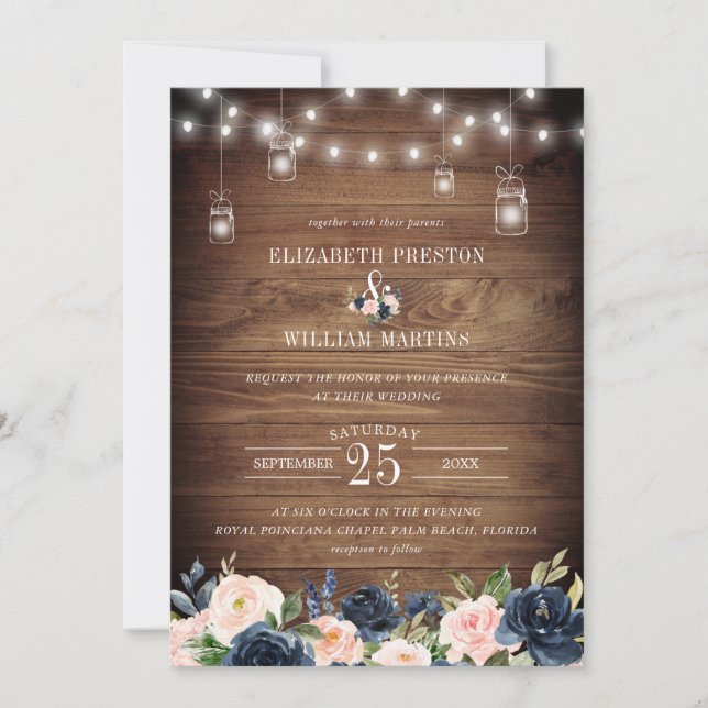 Invitation Marine Blush rose Floral Rustique Grange Mariage e (Devant)