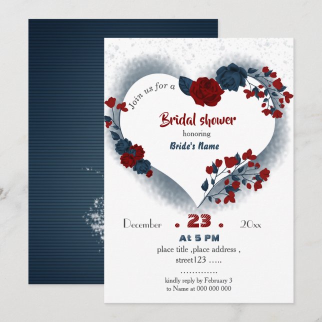 Invitation marine & bordeaux coeur floral douche nuptiale (Devant / Derrière)