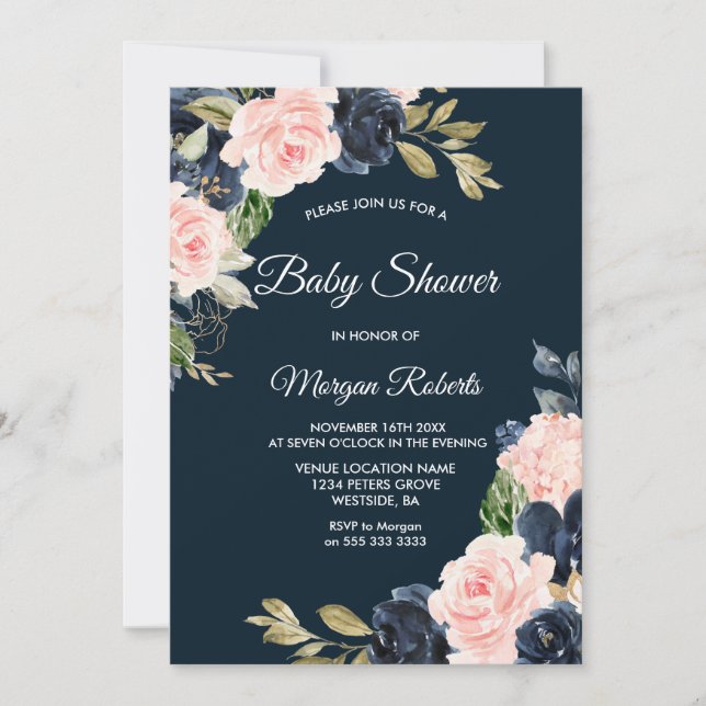 Invitation Marine botanique & Blush Floral Neutral Baby showe (Devant)