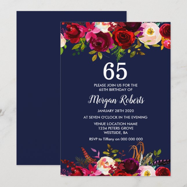 Invitation Marine Bourgogne Floral 65E Anniversaire Invitatio (Devant / Derrière)
