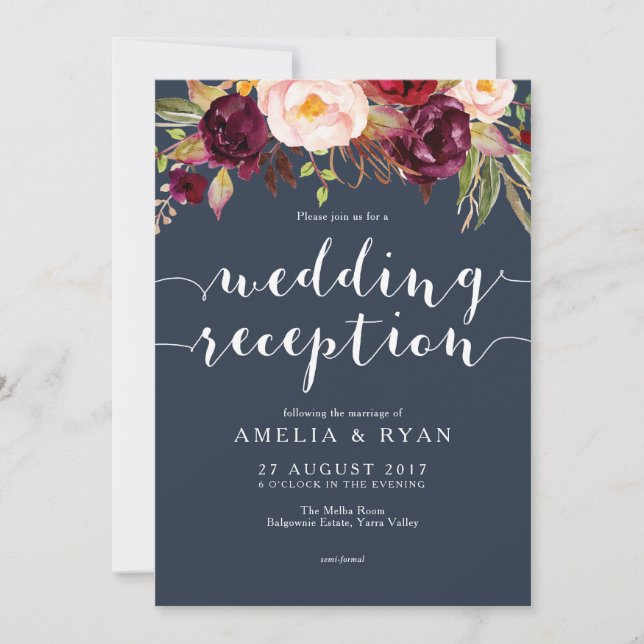Invitation Marine Bourgogne Floral Mariage Réception Invitati (Devant)
