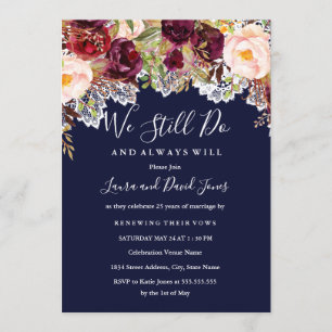 Invitation Marine Bourgogne Floral Mariage Renouvellement Vow