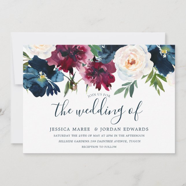 Invitation Marine Bourgogne Rouge Bourgogne Floral Mariage mo (Devant)