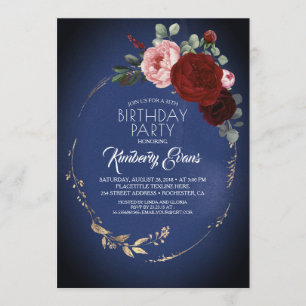 Invitation Marine Bourgogne Rouge et or Floral moderne Annive