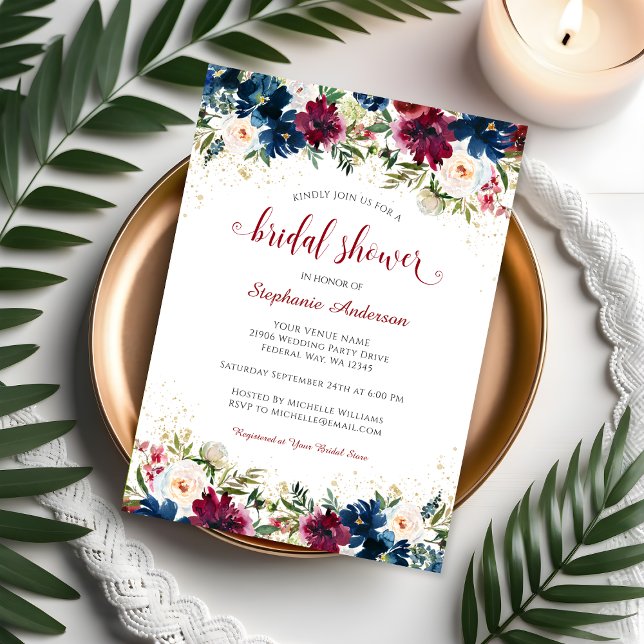 Invitation Marine Burgundy Aquarelle Fête des mariées florale (Navy Burgundy Watercolor Floral Bridal Shower Invitation)
