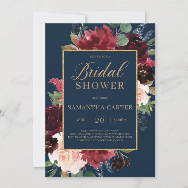 Invitation Marine burgundy blush floral or nuptiale (Devant)