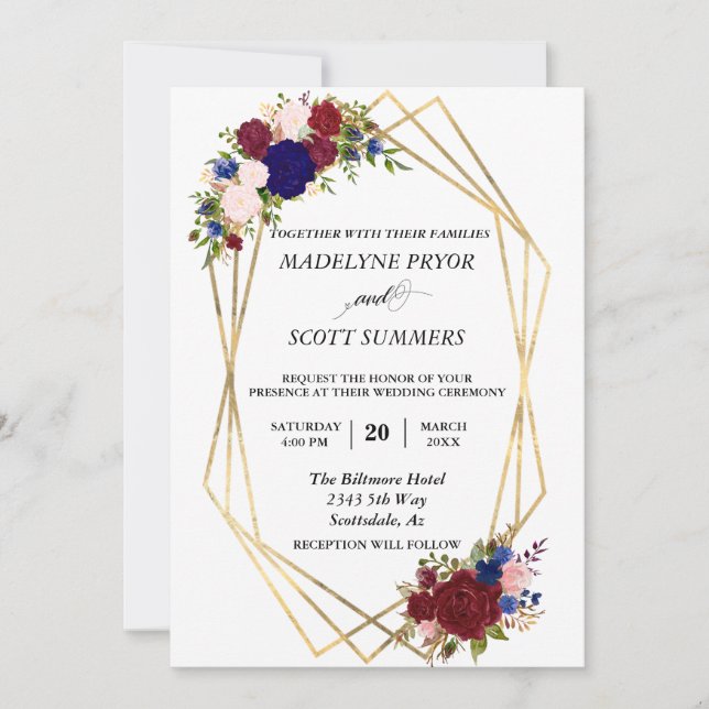 Invitation Marine Burgundy Gold Frame Mariage (Devant)