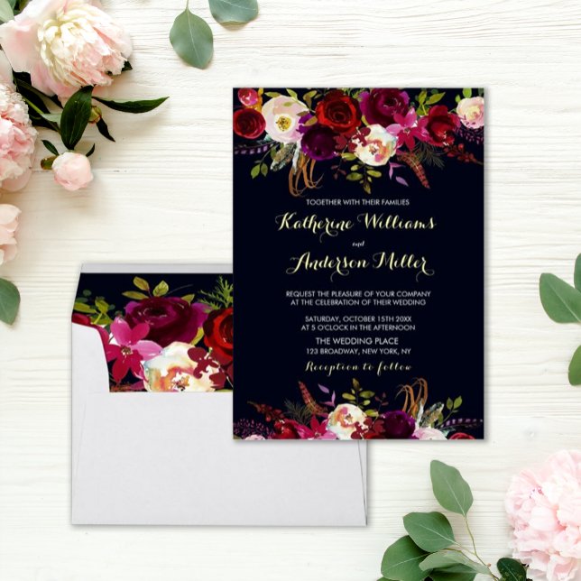 Invitation Marine Burgundy Marsala Boho Floral Mariage d'auto (Créateur téléchargé)