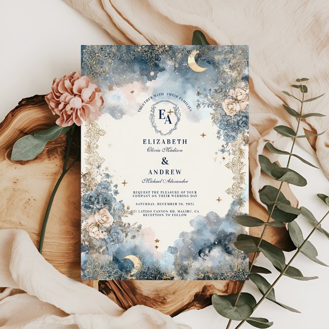 Invitation Marine céleste et Mariage floral d'or (Créateur téléchargé)