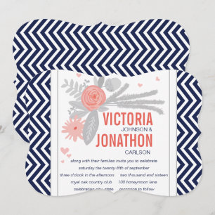Invitation Marine corallienne et Gris Zig Zag Mariage romanti