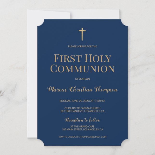 Invitation Marine Croix d'or bleu Boy Première communion sain (Devant)