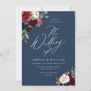 Invitation marine de couleur aquarelle, mariage bordeaux et r