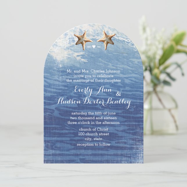 Invitation Marine Destination nautique Plage Starfish Mariage (Debout devant)