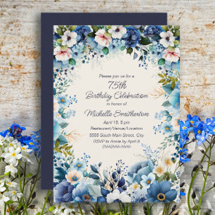 Invitation Marine Dusty Bleu Blanc Floral 75e anniversaire