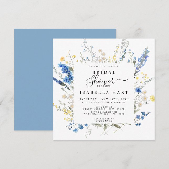 Invitation Marine Dusty Blue Dainty Wild Floral Fête des mari (Devant / Derrière)