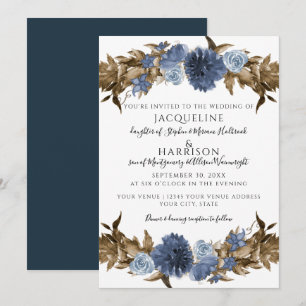 Invitation Marine Dusty Blue Floral Automne Sepia Mariage ver