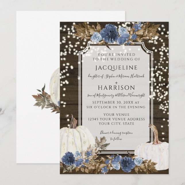 Invitation Marine Dusty Blue Floral RusticTwinkle Mariage lég (Devant / Derrière)