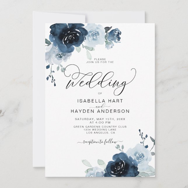 Invitation Marine Dusty Blue Flowers Floral Mariage (Devant)