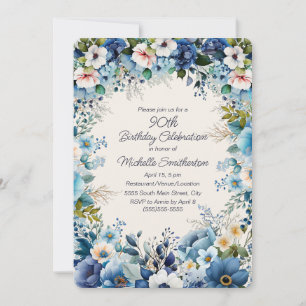 Invitation Marine Dusty Blue White Flowers 90e anniversaire