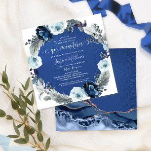 Invitation Marine élégante et Royal Blue Quinceañera, Floral