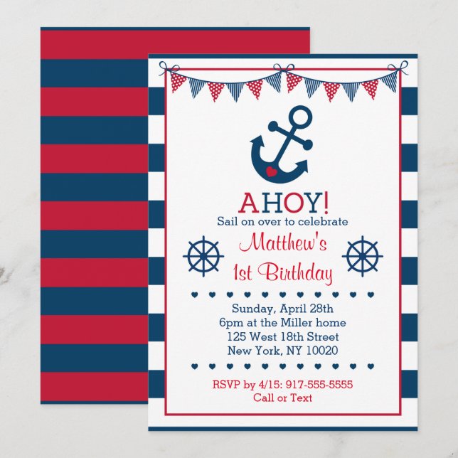 Invitation Marine et Ancre marine rouge 1er anniversaire (Devant / Derrière)