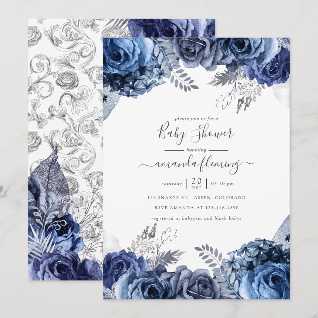Invitation Marine et blanc avec Baby shower floral à huile d' (Devant / Derrière)
