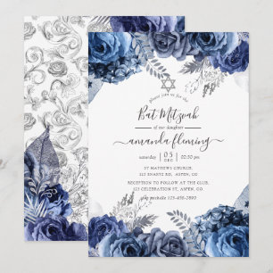 Invitation Marine et blanc avec Bat mitzvah floral à huile d'