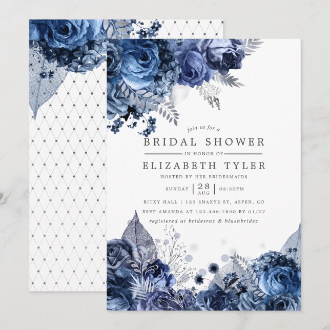 Invitation Marine et blanc avec Fête des mariées florale à hu (Devant / Derrière)