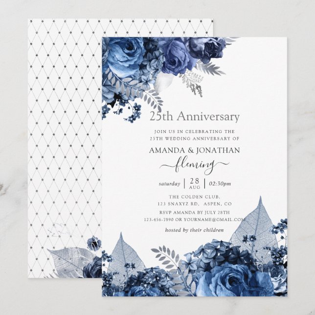 Invitation Marine et blanc avec huile d'argent 25e anniversai (Devant / Derrière)