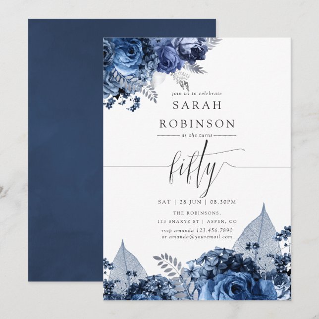 Invitation Marine et blanc avec huile d'argent 50e anniversai (Devant / Derrière)