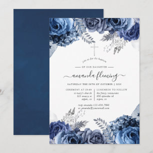 Invitation Marine et blanc avec huile d'argent Baptême floral