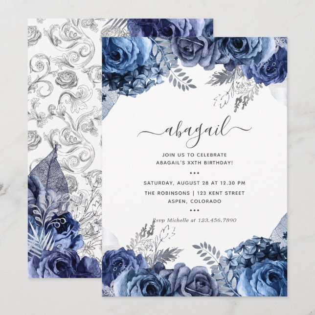 Invitation Marine et blanc avec huile d'argent Floral Anniver (Devant / Derrière)