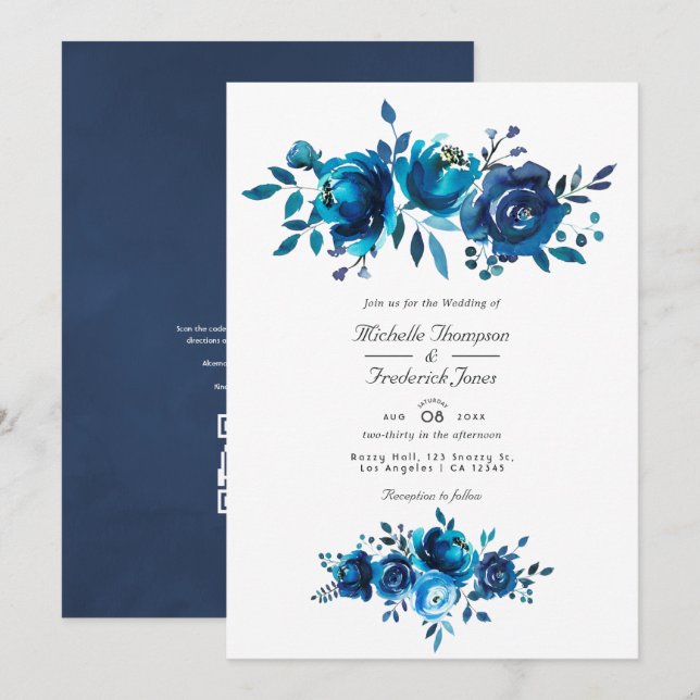 Invitation Marine et Blanc Floral QR Code RSVP Garden Wedding (Devant / Derrière)