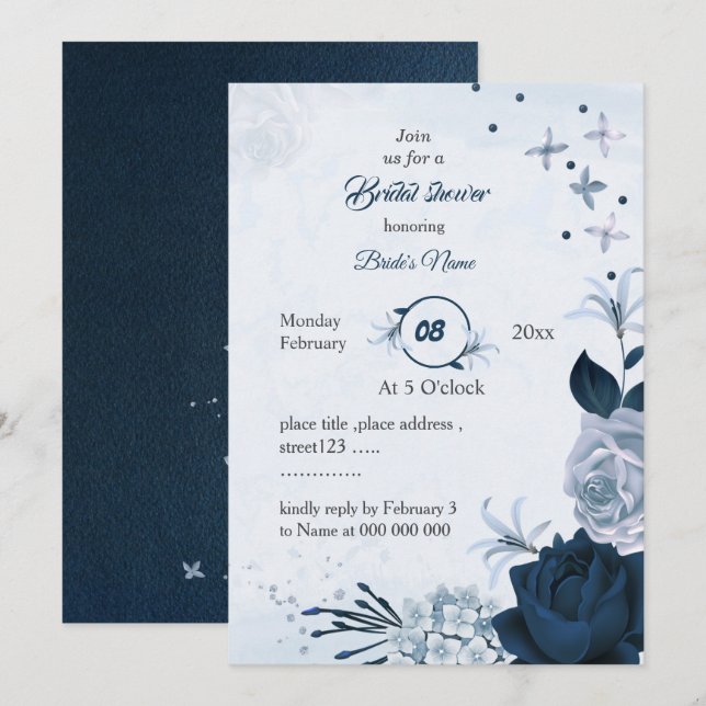 Invitation marine et bleu poussiéreux fleurs nuptiale (Devant / Derrière)